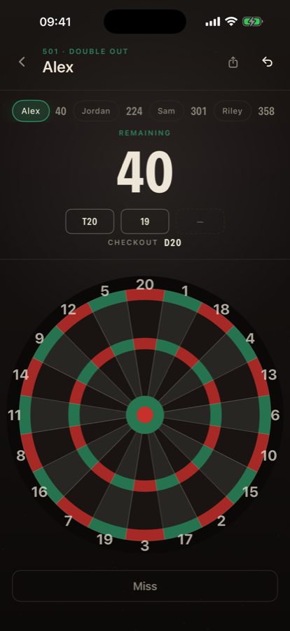 Darts 501 with 40 remaining and the checkout route showing D20